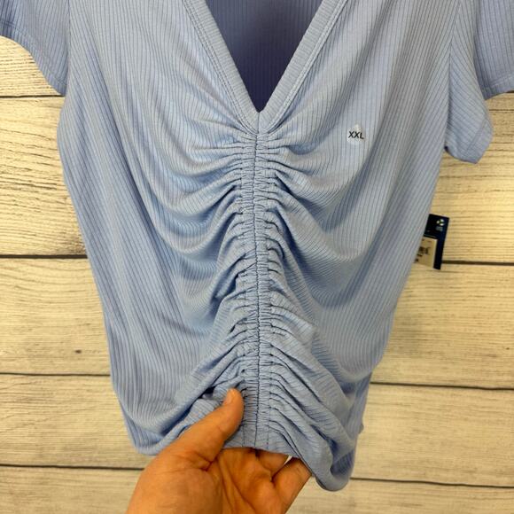Arizona Jean Co Plus Size Light Blue Ribbed Short Sleeve Cinched Top Size XXL - Picture 3 of 8